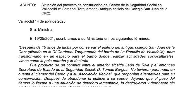 Carta a la Ministra de la Seguridad social sobre edificio S. Juan de la Cruz