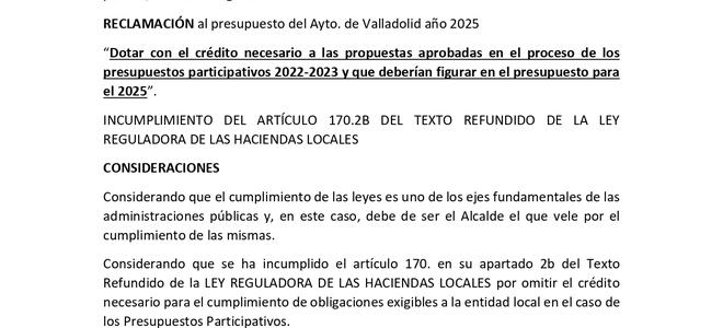 Reclamación al presupuesto del Ayuntamiento 2025