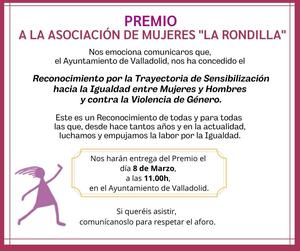 Premio a la Asociación de Mujeres "Rondilla" con motivo del 8 de marzo