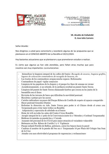 Carta al Alcalde sobre temas pendientes Concejo Abierto