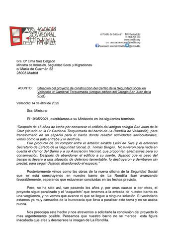 Carta a la Ministra de la Seguridad social sobre edificio S. Juan de la Cruz