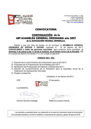 Convocatoria de la continuación de la 48 Asamblea general de Socios/as